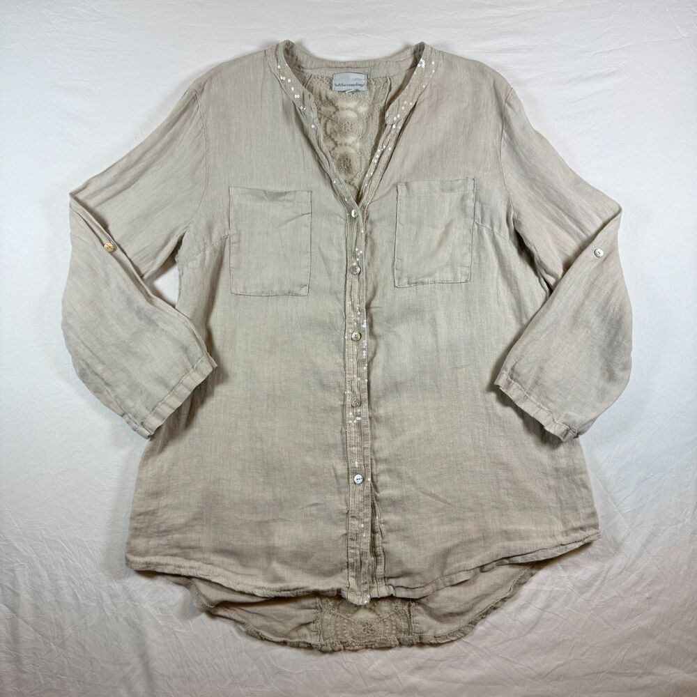Soft Surroundings 100% Linen Tunic Women's XL Sequin Trim Lace Back Oatmeal